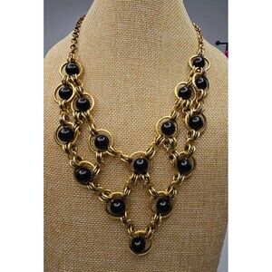 Coldwater Creek Matte Gold Link Black Beaded Bib Statement Necklace 20"L